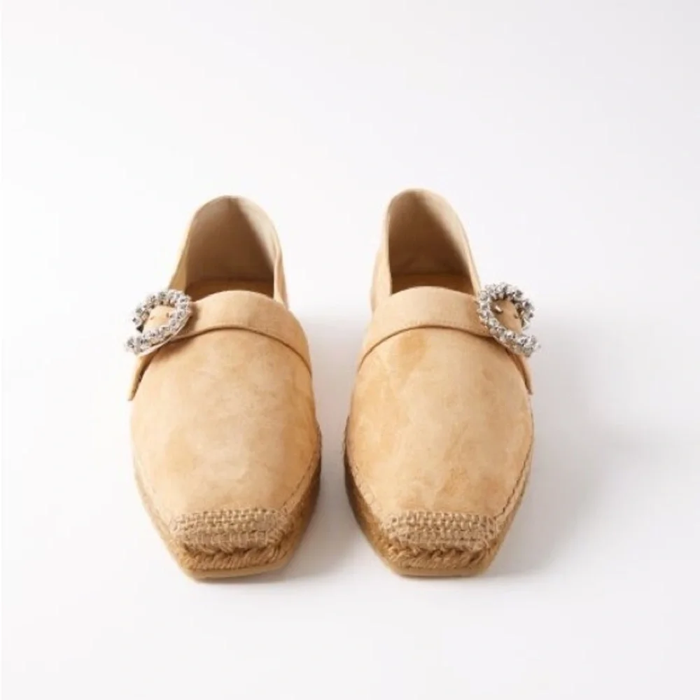 JIMMY CHOO Dru Crystal Embellished Suede Espadrilles Beige Sz 38 EU/8 US